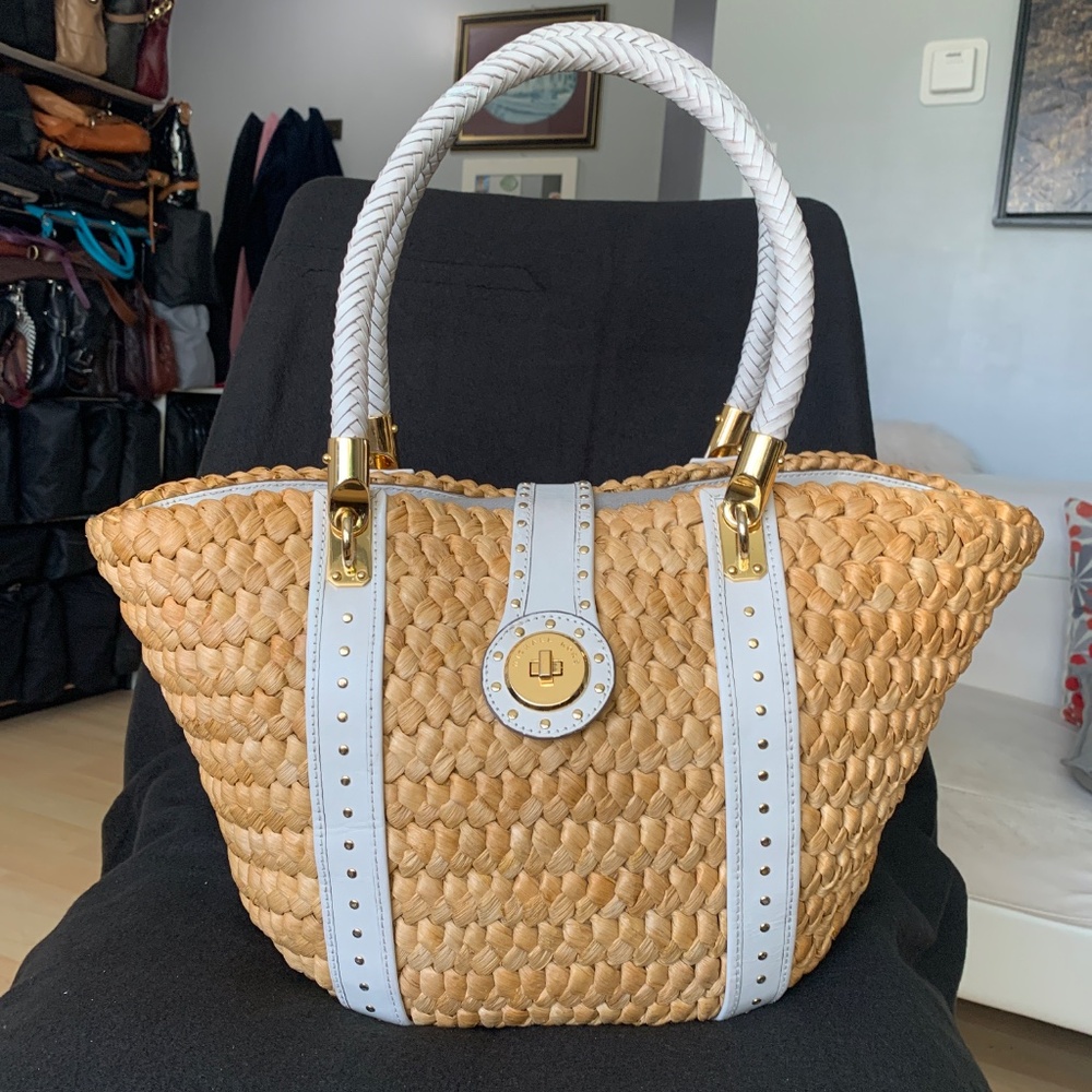 MICHEAL KORS Santorini Large Raffia Straw Basket Tote Bag Leather Braided Strap